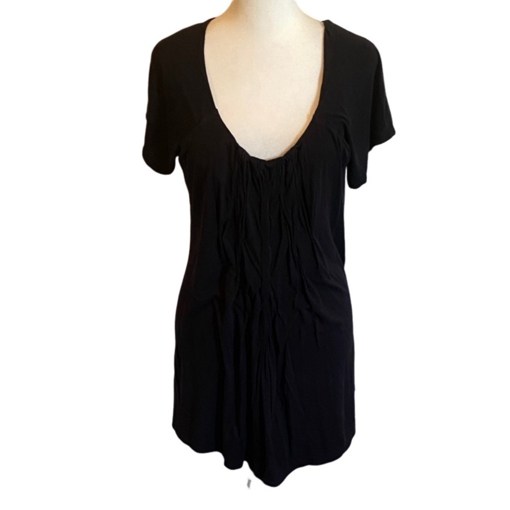 Coldwater Creek Black Short Sleeve Long Tunic. Size L. Ruched, Lined Bodice.